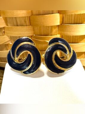 Monet Navy Blue Enamel Swirl Clip-On Earrings Gold Tone Vintage